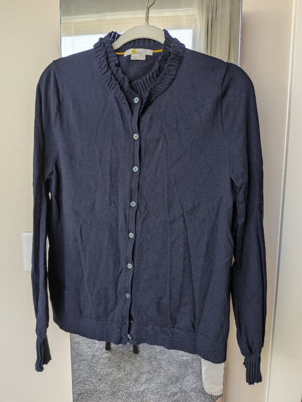 Boden Navy Button Ruffled Cardigan